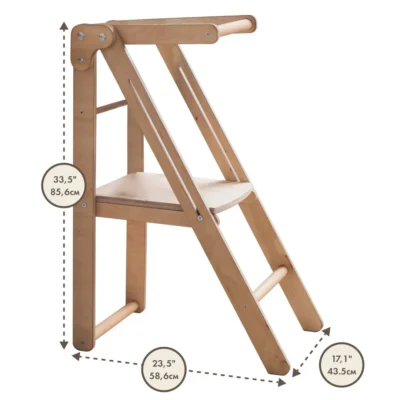 Montessori leertoren op witte achtergrond met duidelijk zichtbare afmetingen: hoogte 85,6 cm, lengte 58,6 cm, breedte 43,5 cm